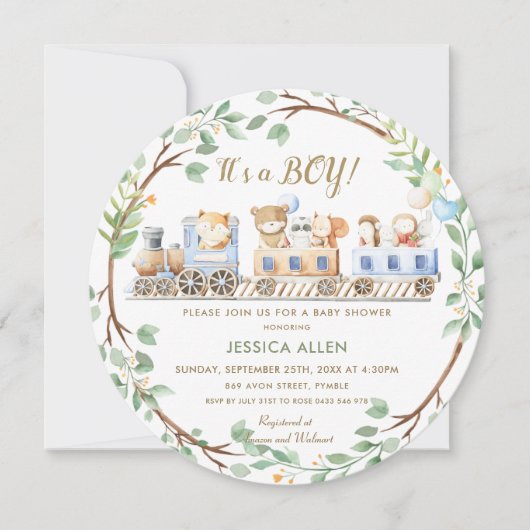 森の動物たちが緑の葉を飾ったベイビーシャワーのお知らせ   招待状 (正面)