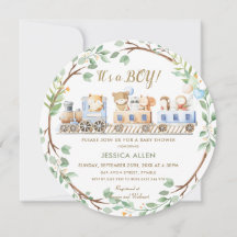 森の動物たちが緑の葉を飾ったベイビーシャワーのお知らせ  