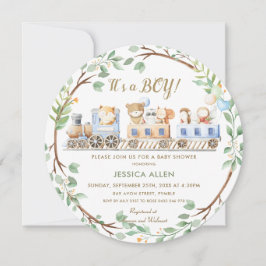 森の動物たちが緑の葉を飾ったベイビーシャワーのお知らせ   招待状