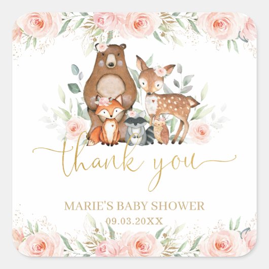 森の動物たちが頬を染めた花のThank Youカード スクエアシール (正面)