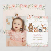 森の動物たちが頬を染める フラワーの1歳誕生日写真 招待状 (正面/裏面)