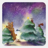 森の動物たちのクリスマス オーロラ 水彩ステッカー スクエアシール (正面)