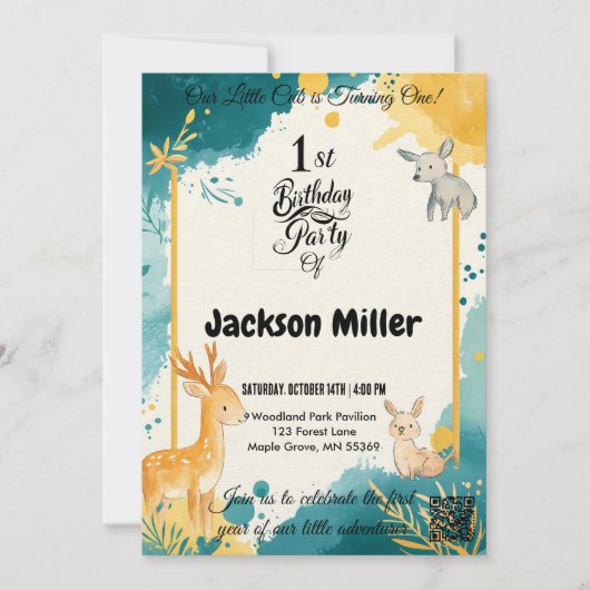 森の動物たちのファーストバースデー招待状 招待状 (正面)