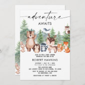 森の動物たちの冒険が待っているベビーシャワー 招待状 (正面/裏面)