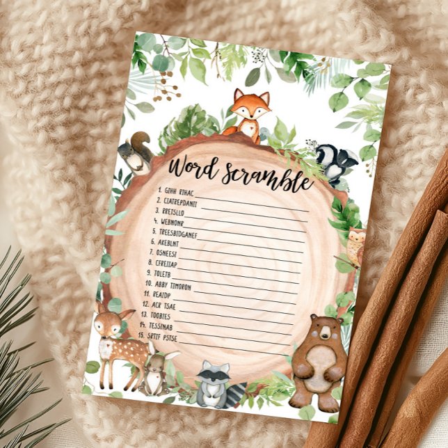 森の動物たちシャワーワードスクランブルゲーム (Wood Slice Woodland Baby Shower Word Scramble Game)
