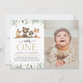 森の動物たち、フォレスト、ワイルドワン、ファーストバースデー 招待状 (正面)