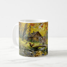 森の動物とキノコのある秋の森の小屋 コーヒーマグカップ