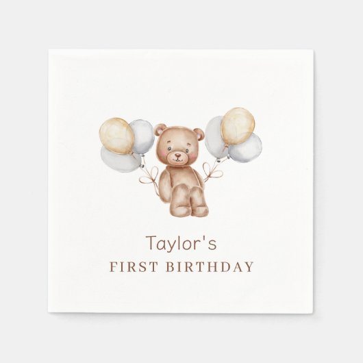 森の動物とクマの1歳の誕生日 スタンダードカクテルナプキン (正面)