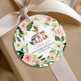 森の動物とピンクの花のベビーシャワー フェイバータグ