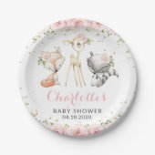 森の動物とピンクの花のベビーシャワー ペーパープレート (正面)