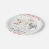 森の動物とピンクの花のベビーシャワー ペーパープレート (アングル)