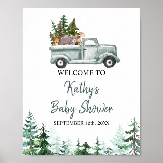 森の動物と松の木のウェルカムサイン ポスター (正面)
