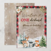 森の動物のウィンターワンだーランド 1歳の誕生日 招待状 (正面/裏面)