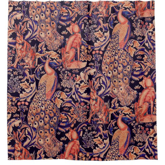 森の動物のキツネ，孔雀，ハレピンクブルーフローラ シャワーカーテン (正面)