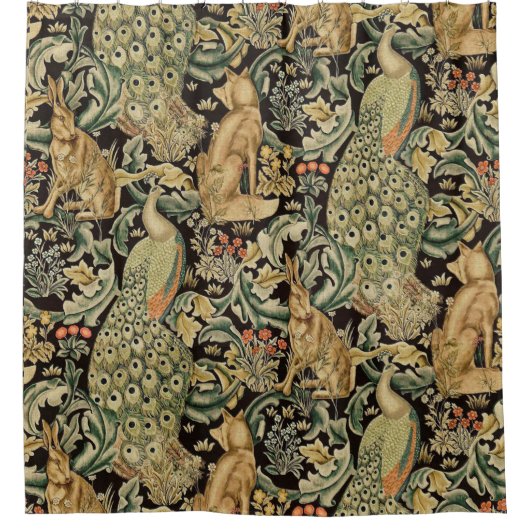 森の動物のキツネ，孔雀，緑のフローラでウサギ シャワーカーテン (正面)