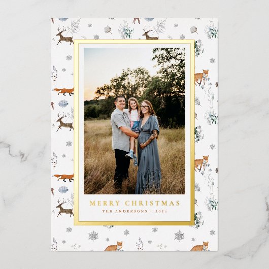 森の動物のクリスマスホリデー写真カード 箔シーズンカード (正面)