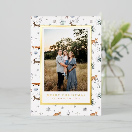 森の動物のクリスマスホリデー写真カード 箔シーズンカード (立ち正面)