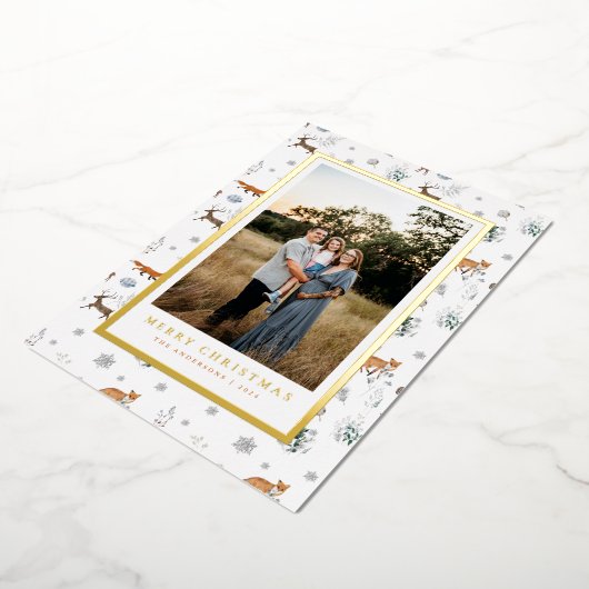 森の動物のクリスマスホリデー写真カード 箔シーズンカード (回転した状態)