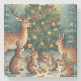 森の動物のクリスマス・シーン ストーンコースター