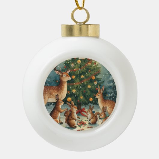 森の動物のクリスマス・シーン セラミックボールオーナメント (正面)