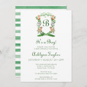 森の動物のクレストそれは男の子のベビー散水 招待状 (正面/裏面)