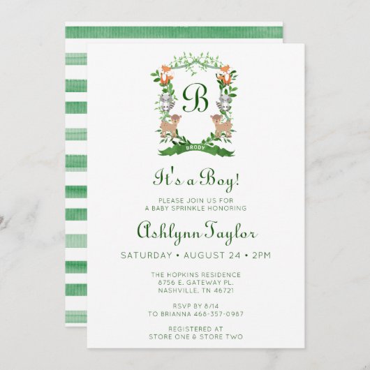 森の動物のクレストそれは男の子のベビー散水 招待状 (正面/裏面)