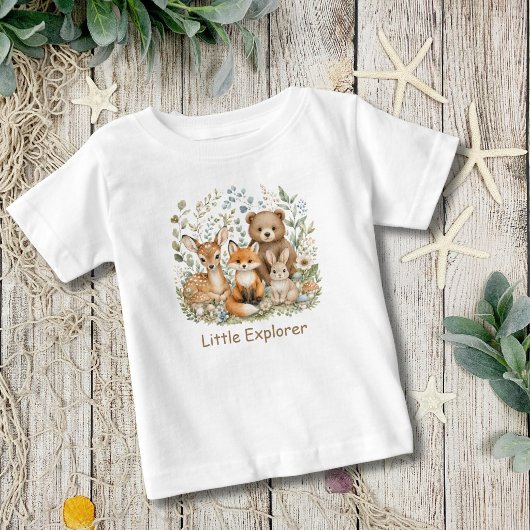 森の動物のジェンダーニュートラルな名入れ ベビーTシャツ