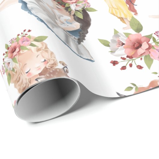 森の動物のパターンを持つ女の子供へ子  ラッピングペーパー (ロールコーナー)