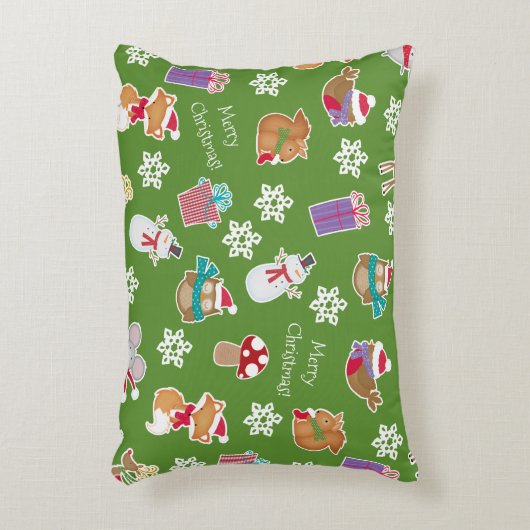 森の動物のパターン緑メリークリスマス アクセントクッション (正面(垂直))