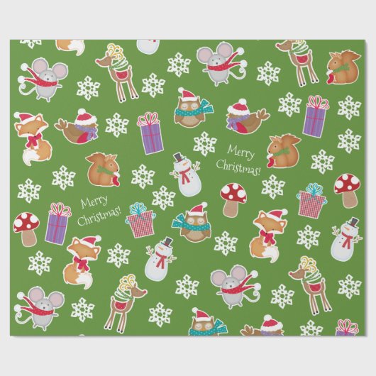 森の動物のパターン緑メリークリスマス ラッピングペーパー (フラット)