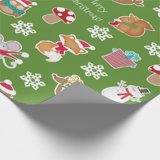 森の動物のパターン緑メリークリスマス ラッピングペーパー (角)