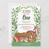 森の動物のファーストバースデーパーティー招待状 招待状 (正面)