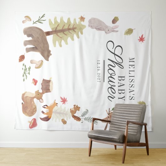 森の動物のベビーシャワーフォトブースの背景 タペストリー (インサイチュ(横))