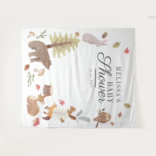 森の動物のベビーシャワーフォトブースの背景 タペストリー (正面(横))