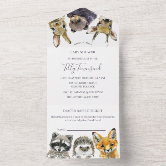 森の動物のベビーシャワー オールインワン招待状 (内側)