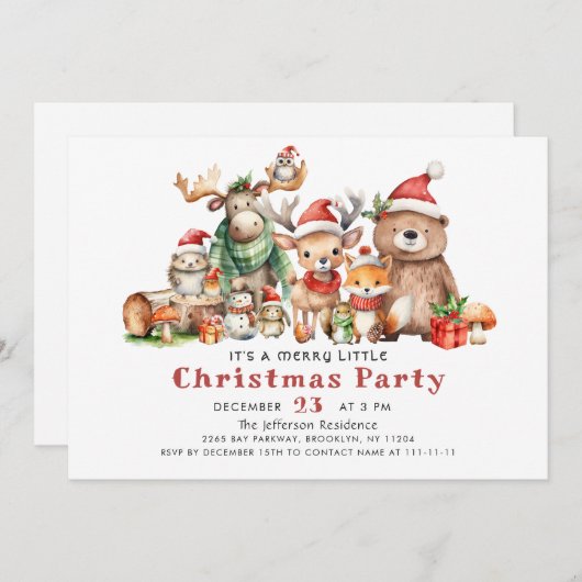 森の動物のメリー小さなクリスマスパーティー 招待状 (正面/裏面)