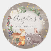森の動物の友人が赤ちゃんのシャワーを輝く ラウンドシール (正面)