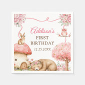 森の動物の女の子1歳の誕生日パーティー スタンダードカクテルナプキン (正面)