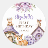森の動物の女の子1歳の誕生日パーティー ラウンドシール (正面)