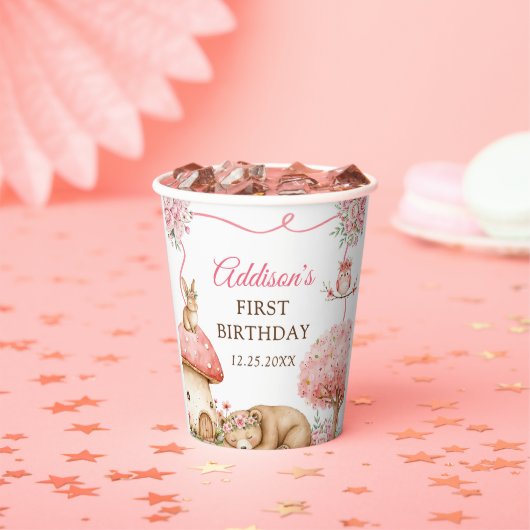 森の動物の女の子1歳の誕生日パーティー 紙コップ (インサイチュ)