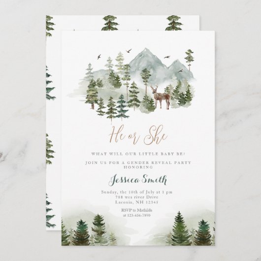 森の動物の山の彼または彼女が性別を明かす 招待状 (正面/裏面)