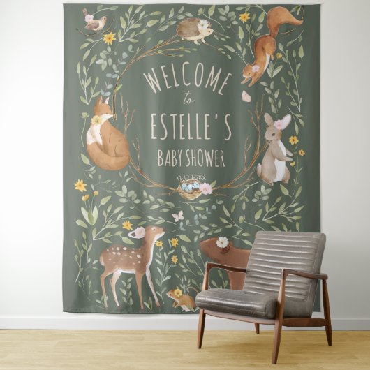森の動物の森のベビーシャワー歓迎の看板 タペストリー (インサイチュ)