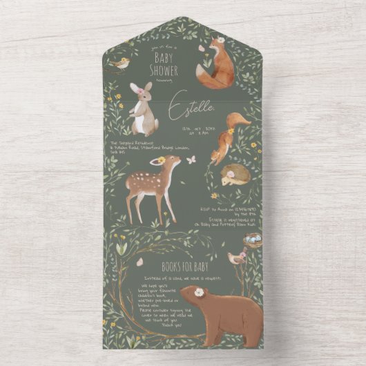 森の動物の森の友達ベビーシャワーの本 オールインワン招待状 (内側)
