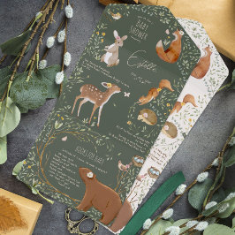 森の動物の森の友達ベビーシャワーの本 オールインワン招待状