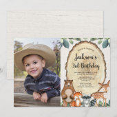 森の動物の森の少年の誕生日写真 招待状 (正面/裏面)