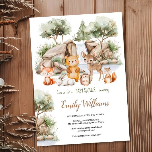 森の動物の森の水の色の赤ちゃんシャワー 招待状