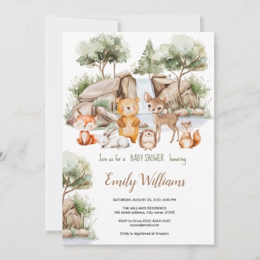 森の動物の森の水の色の赤ちゃんシャワー 招待状 (正面)