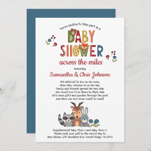 森の動物の男の子ベビーシャワー郵送 招待状 (正面/裏面)