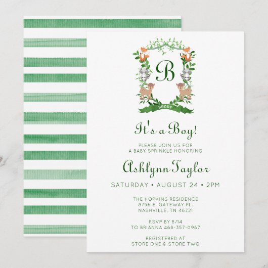 森の動物の紋章 おとこの赤ちゃんのお祝い 招待状 (正面/裏面)
