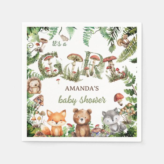 森の動物の緑かわいい赤ちゃん女の子シャワー スタンダードカクテルナプキン (正面)